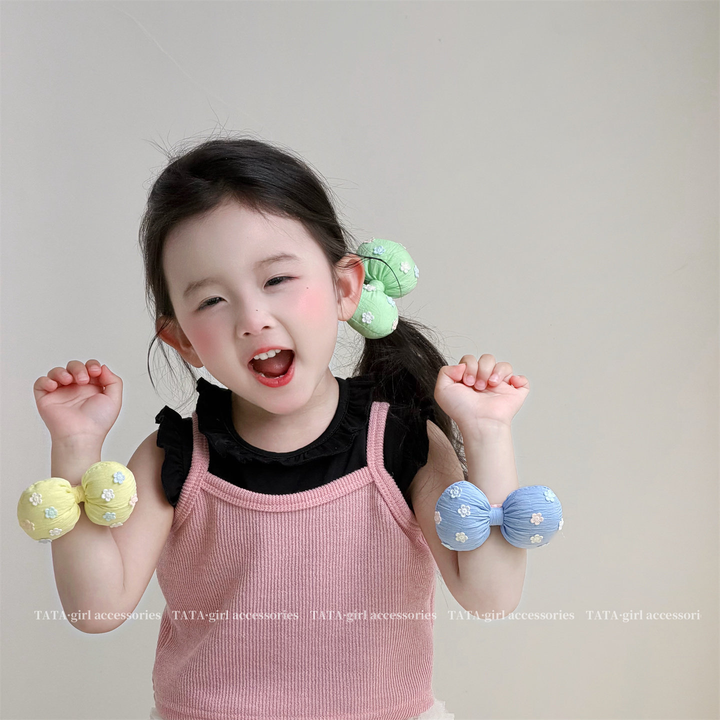 女童春夏泡泡蝴蝶结发圈韩版碎花布艺头绳儿童高弹力扎头发发饰品