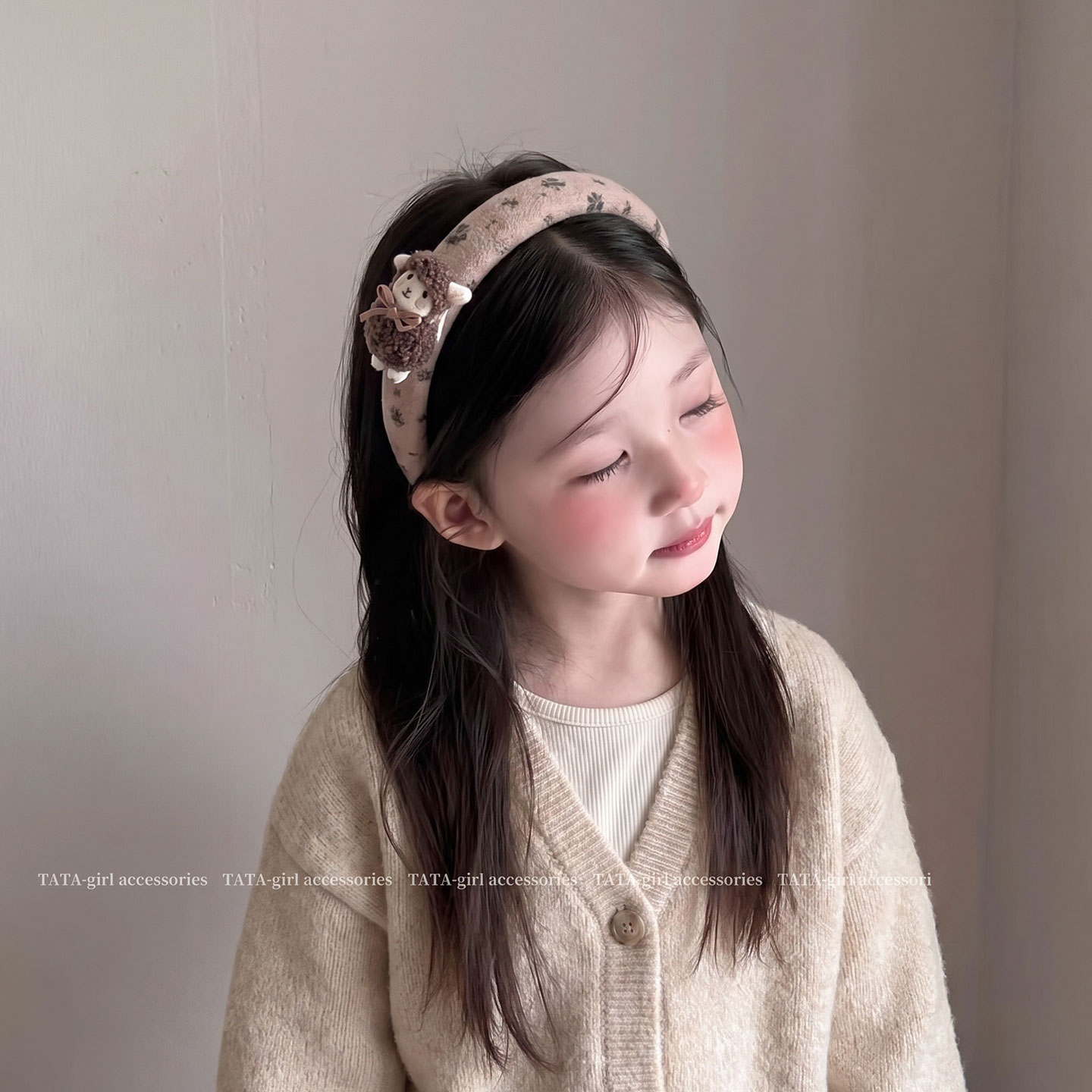 韩系碎花小羊儿童发箍女童毛茸茸卡通头箍宝宝咖色布艺不勒头发饰
