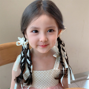 2025年儿童蝴蝶结发夹双马尾头饰对夹侧边发卡发饰编发丝带长飘带