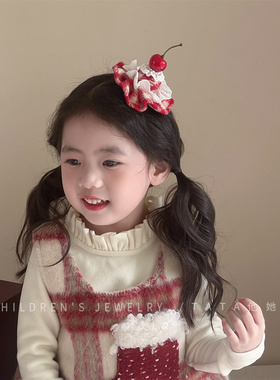 小樱桃蛋糕帽发夹女宝宝生日圣诞节头饰儿童网纱红色毛绒可爱发卡