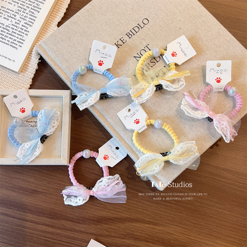 儿童韩版亮色蕾丝布艺蝴蝶结发圈女童甜美洋气高弹力不伤发大头绳