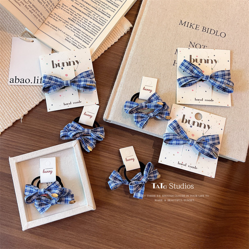 韩系复古蓝色格纹蝴蝶结发夹儿童女童侧边刘海碎发夹发圈皮筋头绳