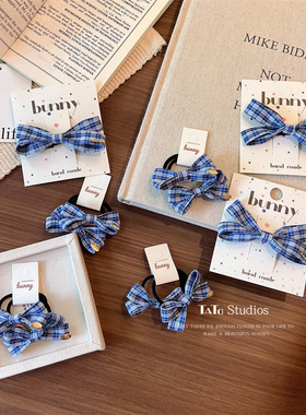 韩系复古蓝色格纹蝴蝶结发夹儿童女童侧边刘海碎发夹发圈皮筋头绳