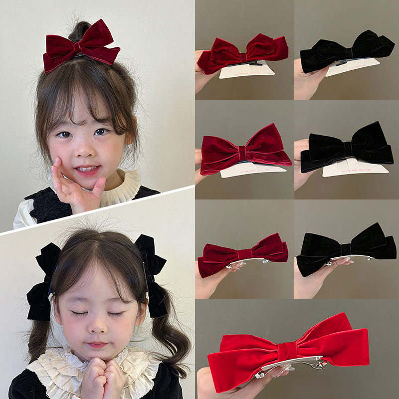 儿童红色丝绒珍珠立体蝴蝶结发夹顶夹鸭嘴夹小女孩过新年喜庆发饰
