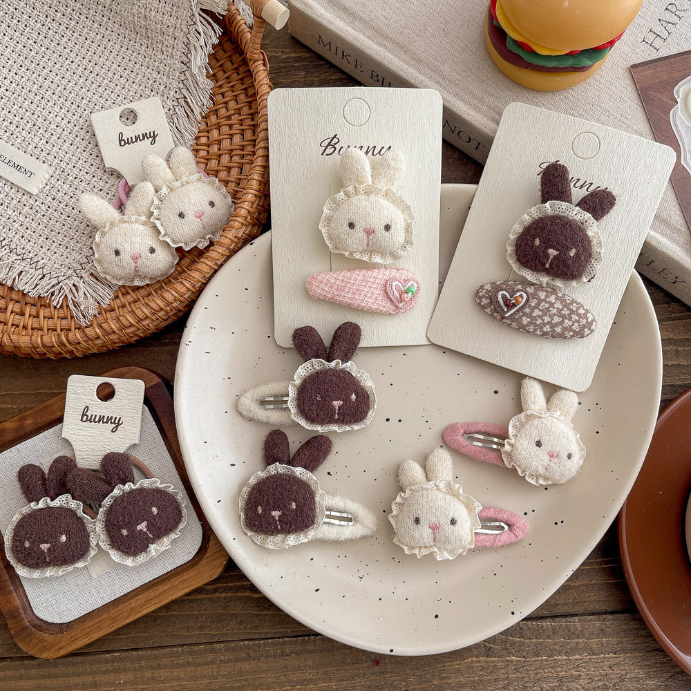 韩系米咖色毛线兔子发夹发绳皮筋