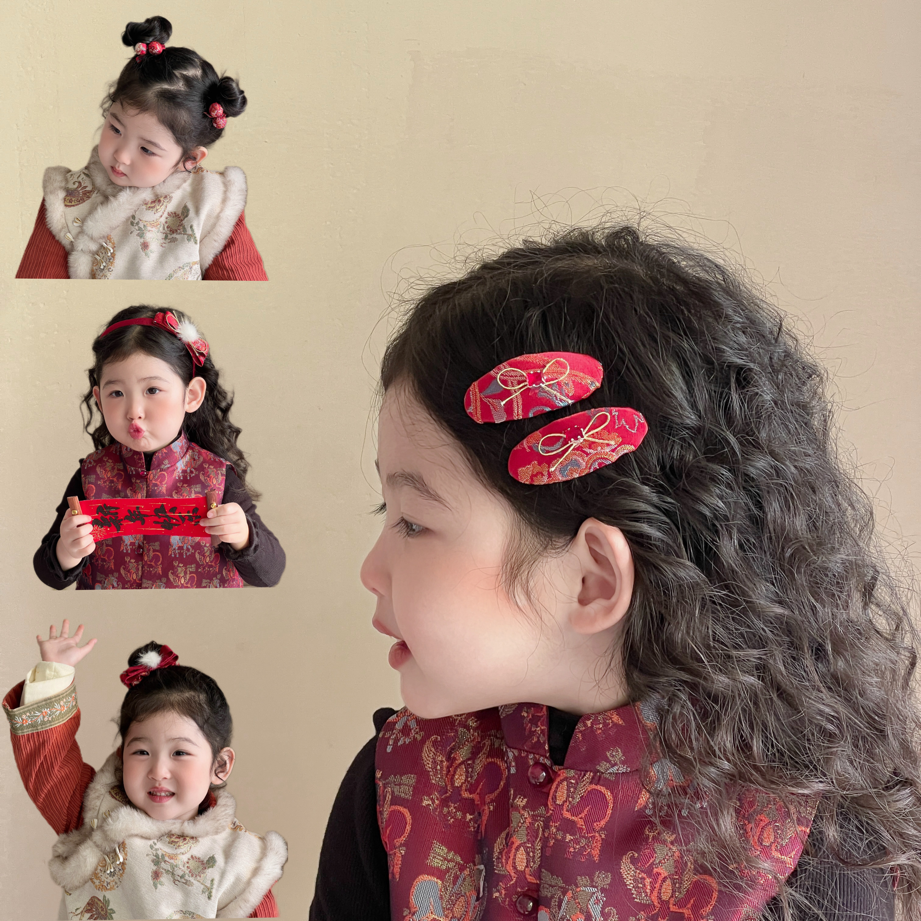 新年新中式织锦发饰儿童BB夹夹对夹头饰国风装饰发夹汉服发卡皮筋