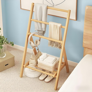 床边晾衣架可折叠卧室落地置物挂衣架 衣帽架家用楠竹毛巾架一体式