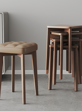 实木凳子家用现代简约可叠放餐椅软包圆板凳餐桌木头椅子舒服久坐