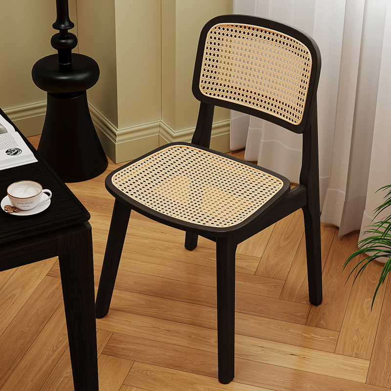法式复古餐椅黑色高级藤编餐桌椅子靠背家用实木中古风轻奢卡曼椅