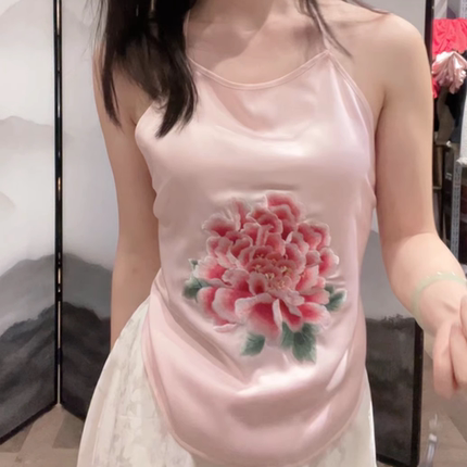 苏绣刺绣肚兜女士仿真丝吊带睡衣成人复古性感露背式上衣夏季套装