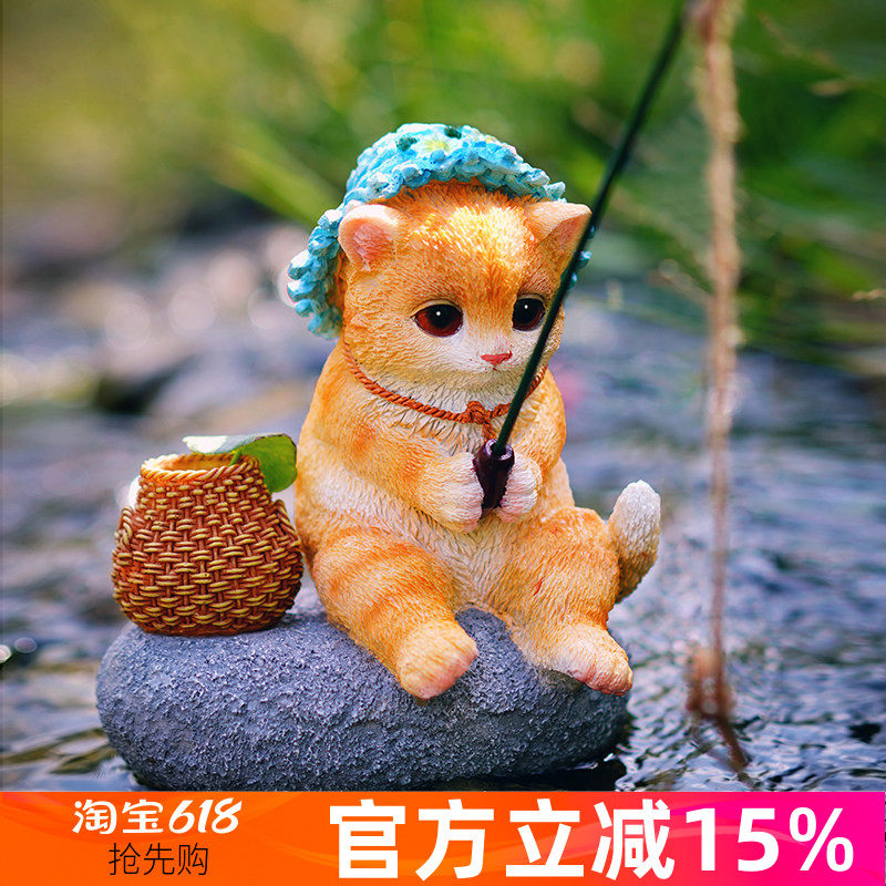 原创可爱小猫钓鱼花园流水装饰摆件庭院假山造景树脂工艺品摆设