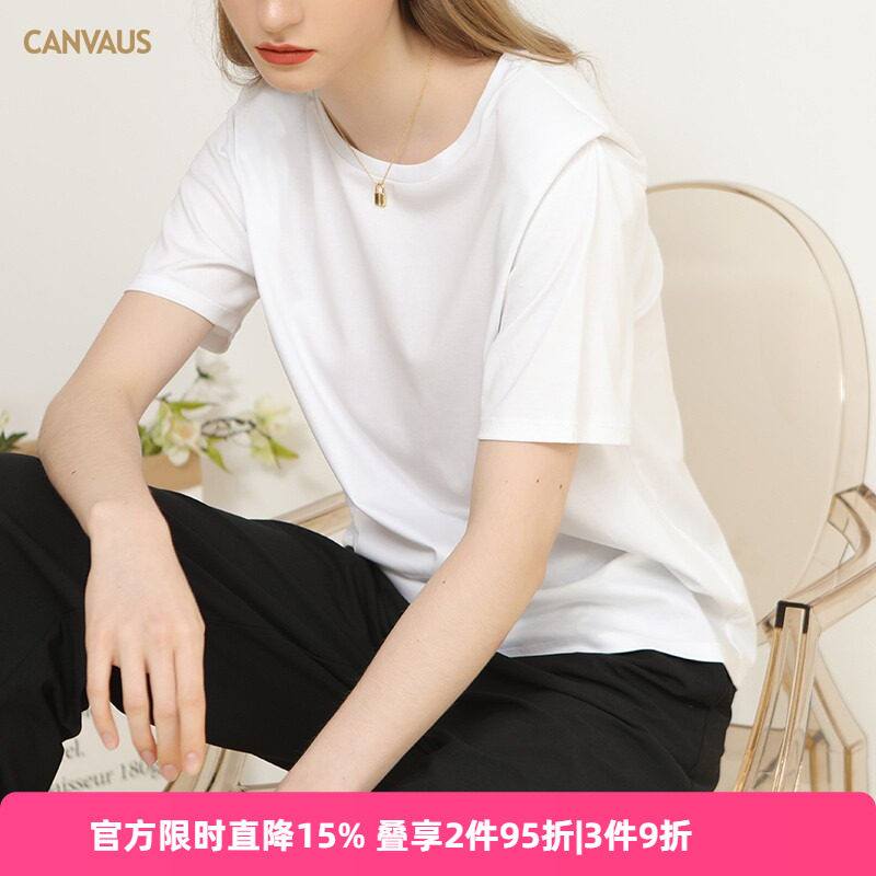 多宝仕棉质港味复古白色短袖t恤女纯色韩版夏季圆领宽松垫肩上衣