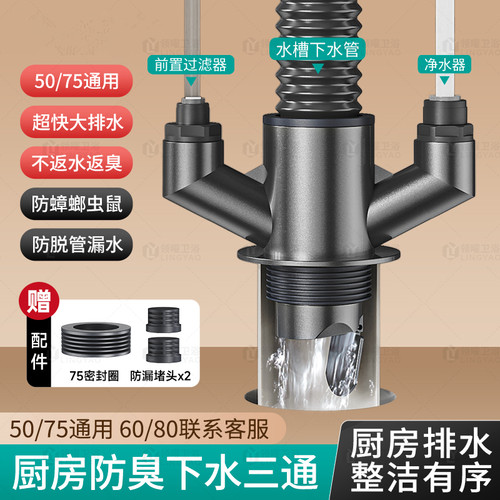 厨房下水三通防虫防臭多功能排水
