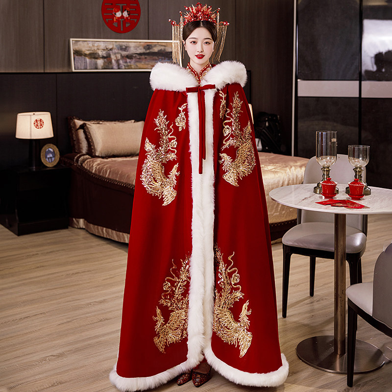 秀禾服披风冬季红色中式婚礼新娘结婚毛披肩斗篷加厚毛领汉服披风