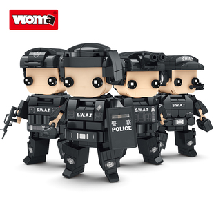 沃马积木军事特警特种兵警察消防员人仔拼装益智男孩玩具创意摆件
