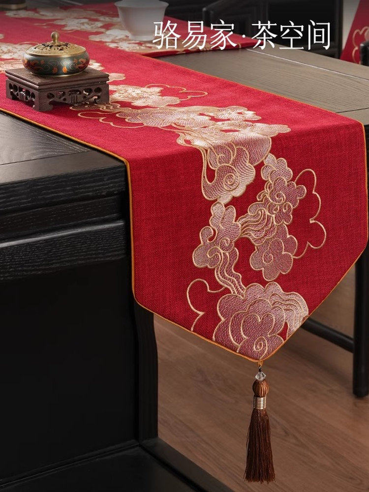 骆易家「祥云锦簇」红色结婚桌旗轻奢高端新中式茶几茶桌氛围布置