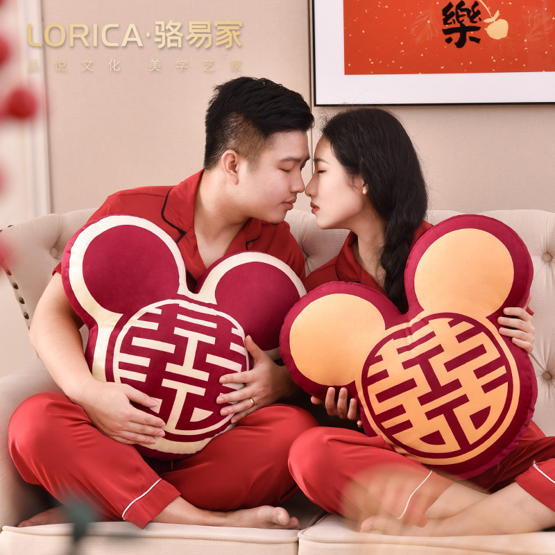 骆易家喜字婚房压床娃娃娃娃「非你莫属」婚庆结婚抱枕一对靠枕红