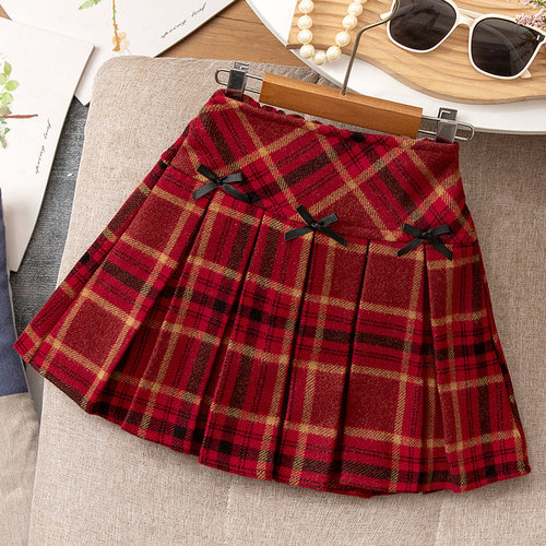 女童半身裙秋冬新款洋气儿童红色格子短裙韩版百搭新年女孩百褶裙