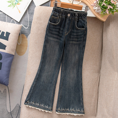 女童牛仔裤秋冬2025新款洋气加绒儿童长裤冬季花边女宝宝喇叭裤