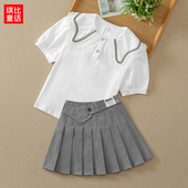 女童套装 白色t恤百褶裙套裙儿童两件套 洋气女孩短袖 夏季 2025新款