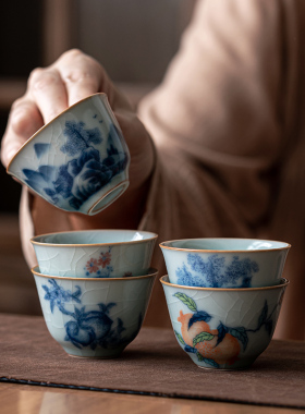 复古青瓷品茗杯汝窑开片可养陶瓷小号茶杯单个家用主人杯功夫茶具