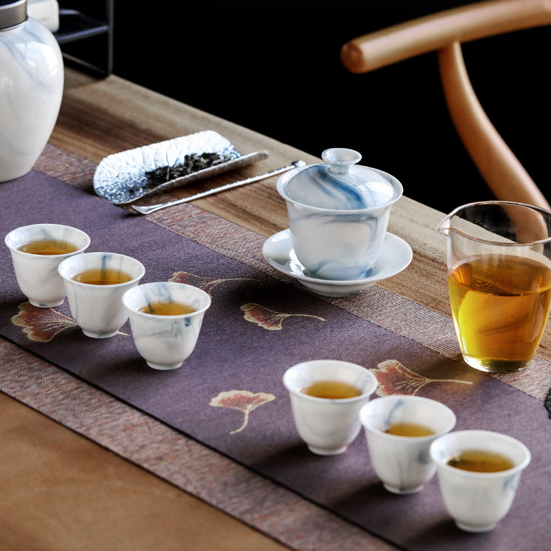 德化汉白玉瓷茶具套装简约水墨盖碗茶杯陶瓷功夫茶具整套商务礼品