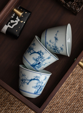 手绘青花茶杯陶瓷品茗杯个人专用主人杯家用待客复古茶盏小茶杯子