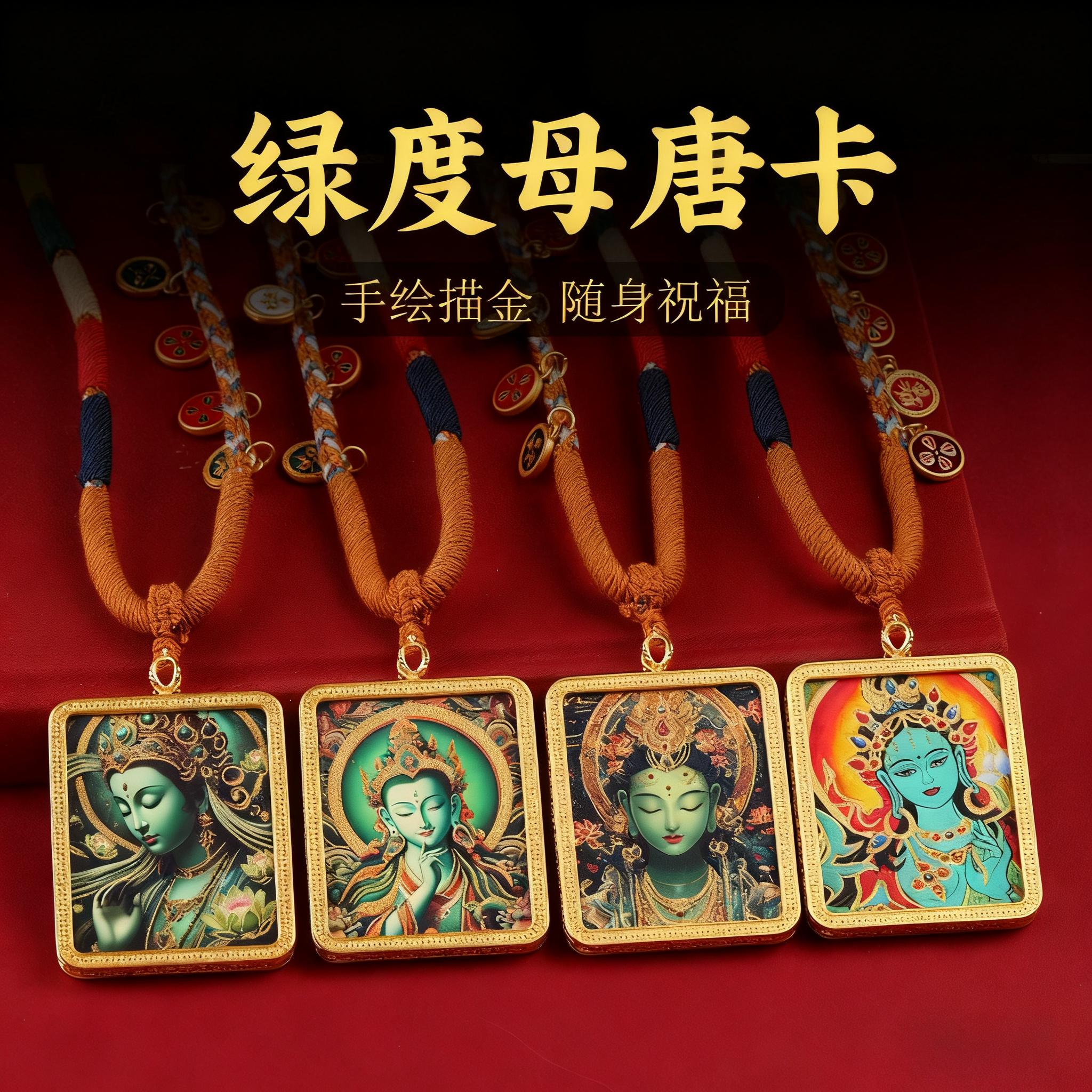藏式手绘描金唐卡吊坠绿度母佛牌项链女性守护神随身唐卡挂坠