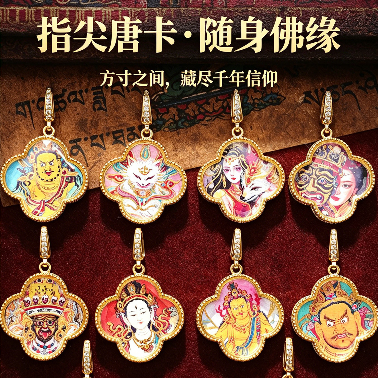 四叶草小唐卡吊坠半手绘描金黑财黄财神绿度母扎基拉姆大黑天莲花