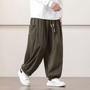2024秋季纯色中国风男士九分长裤灯芯绒宽松阔脚裤青年休闲灯笼裤