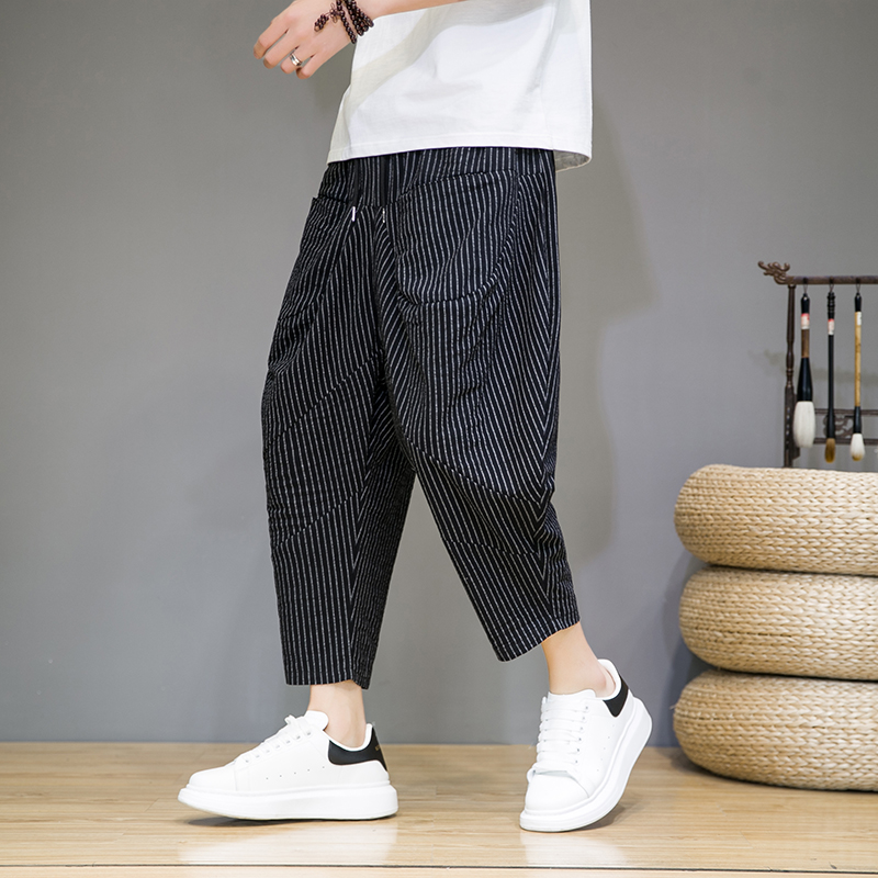 七分裤男夏季中国风棉麻薄短裤潮流条纹大码宽松沙滩裤哈伦萝卜裤