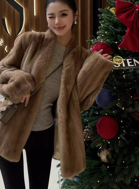 中古轻奢抽刀纹水貂环保母貂皮草V领皮毛一体中长款毛毛外套女冬