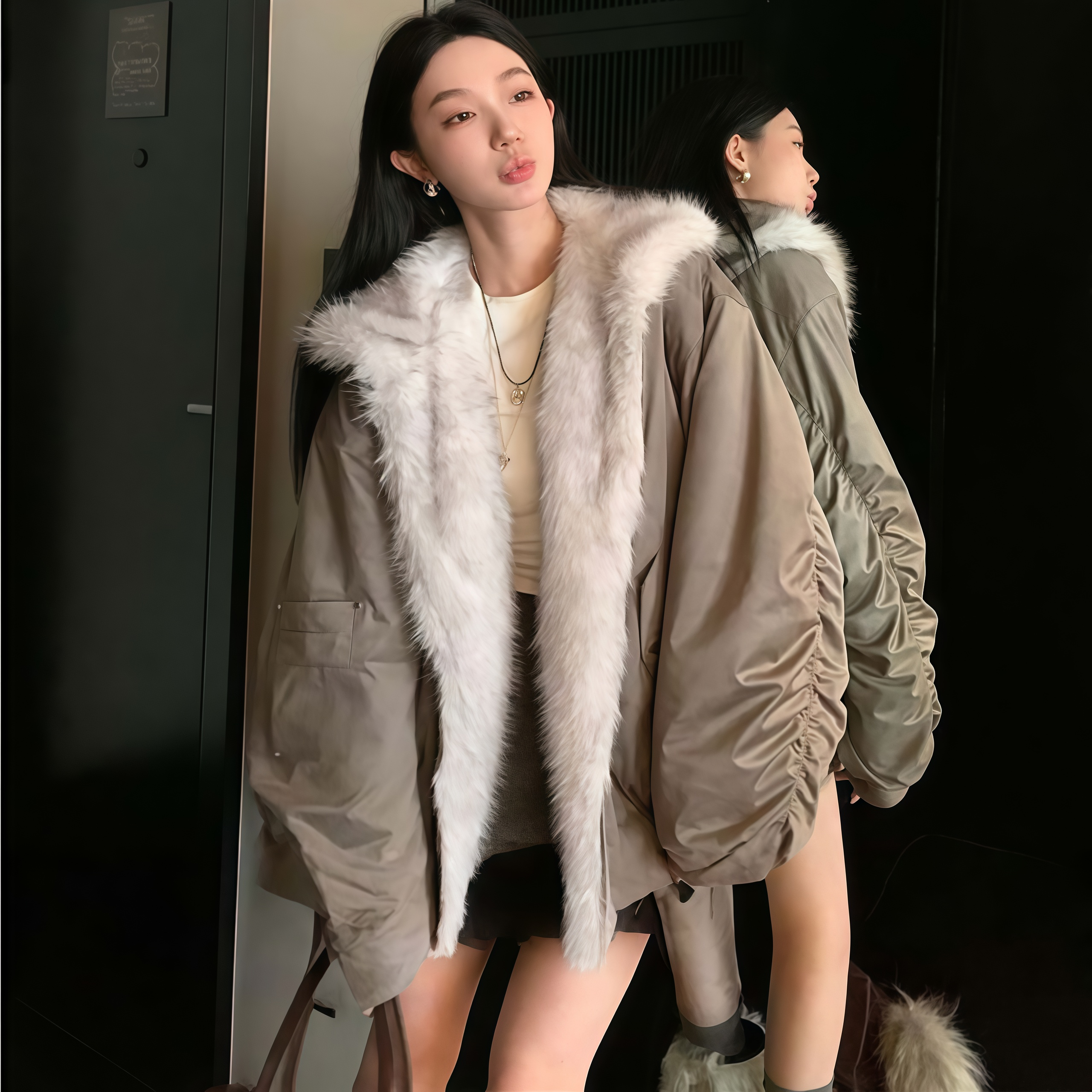 双面穿连帽外套女冬季加厚保暖