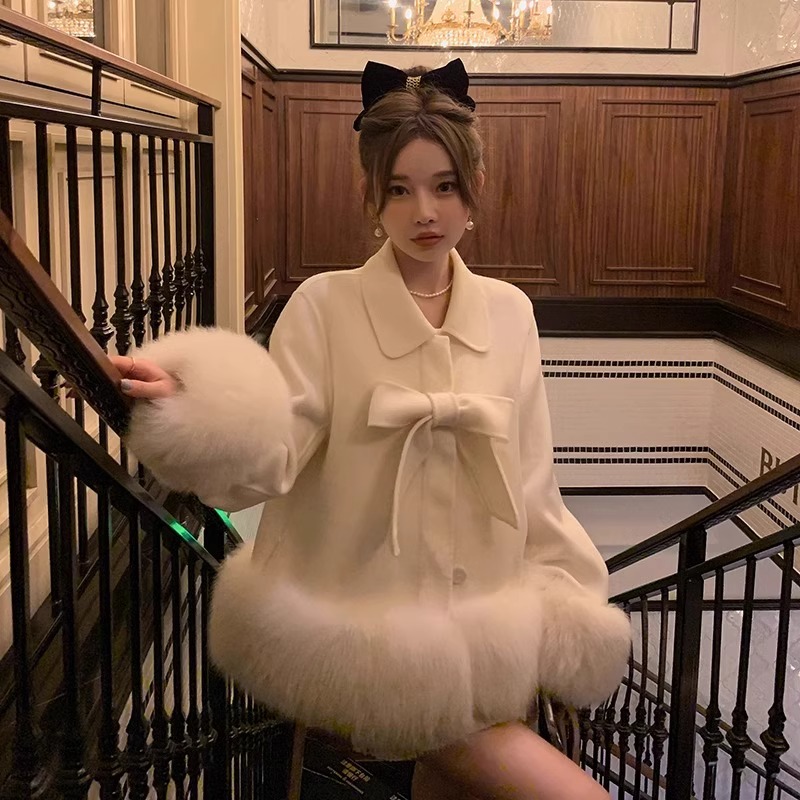 双面呢羊绒大衣女士蝴蝶结毛2024秋冬季新款防狐狸毛海宁皮草外套