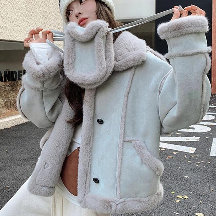 2025冬装韩系蓝色皮毛一体外套女新款加厚小个子麂皮绒保暖机车服