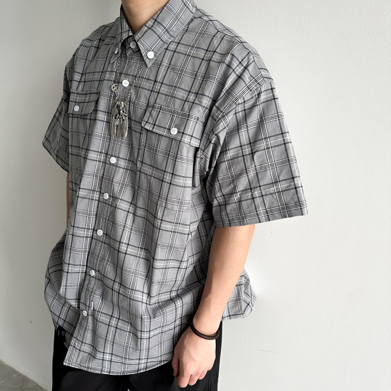 Camdrce纯棉短袖格纹抗皱衬衫男