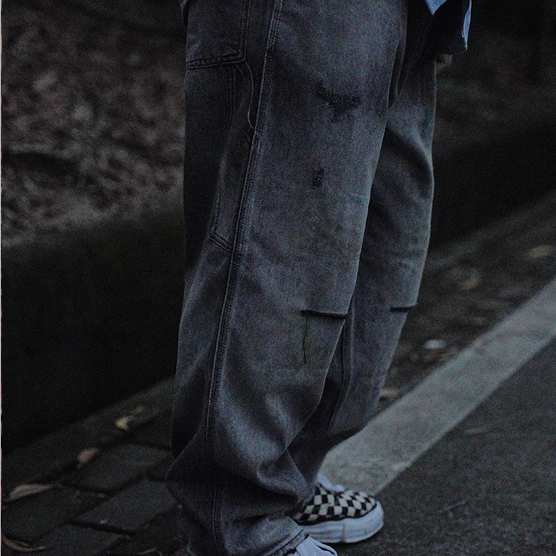 CAMDRCE水洗破洞做旧牛仔长裤