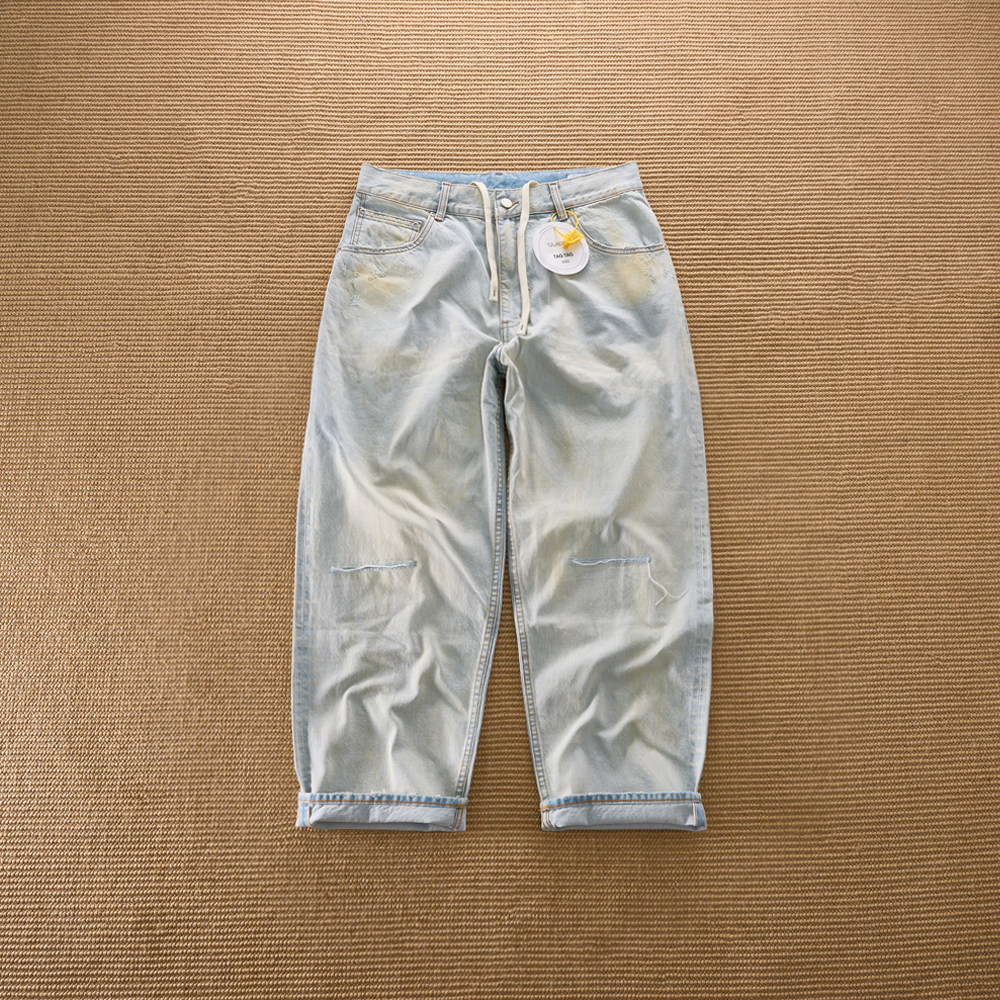 长绒棉日系复古做脏补丁牛仔裤男