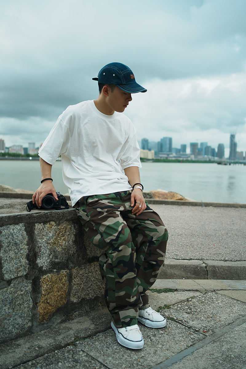 CAMDRCE 定织纯棉格子防撕裂特殊剪裁水洗迷彩工装双褶直筒长裤