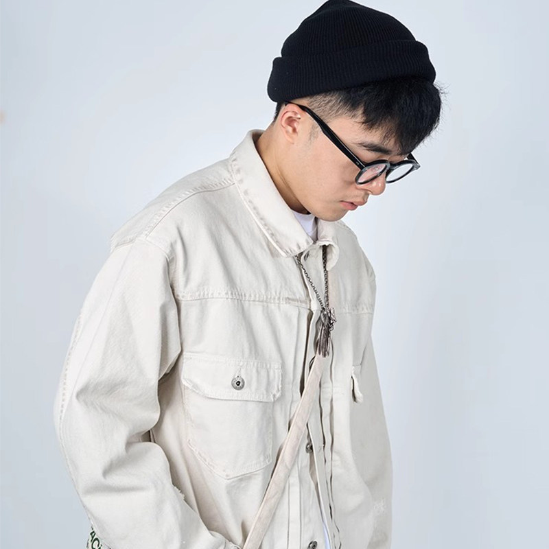 纯棉白色刷蜡做脏夹克