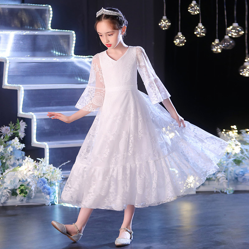 花童婚礼小女孩礼服女童夏高端白色儿童公主裙钢琴演出服长袖秋季