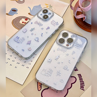 降雨幾率原创适用iPhone15pro14max苹果13手绘可爱闪粉手机壳华为p70mate60nova安卓软壳全包