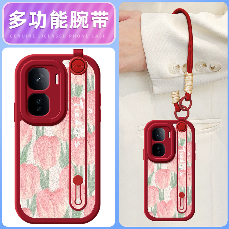 粉色花朵适用iqooneo10pro手机壳vivoiqooneo9小羊皮Neo8/7/6/5/3新款5se活力版5s女款9spro+腕带斜挎挂绳