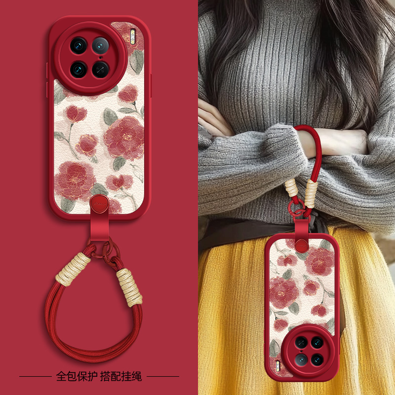 红玫瑰花适用vivox90pro手机壳x80保护套x90s新款x70/60/50/30/27/23幻彩版新春新年挂绳可背女款vivo网红