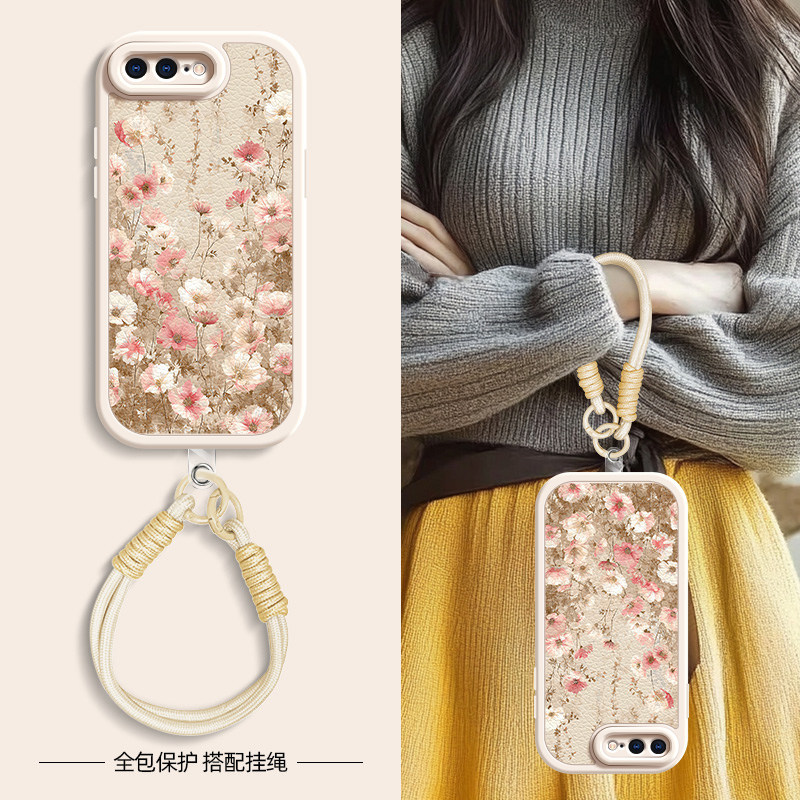 粉花藤蔓适用苹果11ProMax手机壳iphoneX套7/8plus新款x/xr秋冬斜挎挂绳iphone11pro可背6splus女款xsmax