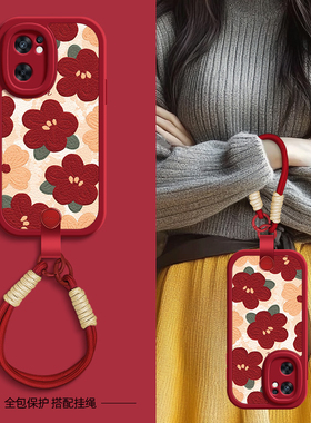 红色花瓣适用opporeno7手机壳Reno6pro保护套reno5/4/3新款5K秋冬新年挂绳可背4se女款5G软壳oppo网红硅胶