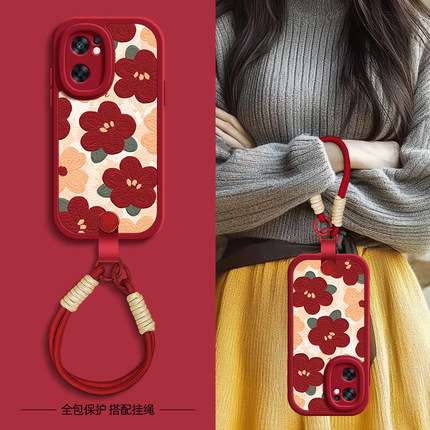 红色花瓣适用opporeno7手机壳Reno6pro保护套reno5/4/3新款5K秋冬新年挂绳可背4se女款5G软壳oppo网红硅胶