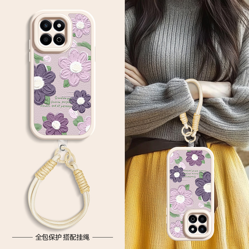 油画紫花适用荣耀畅玩60plus手机壳华为畅玩50/40/30/20小羊皮50m新款Honor夏天斜挎挂绳畅玩40s女硅胶可背