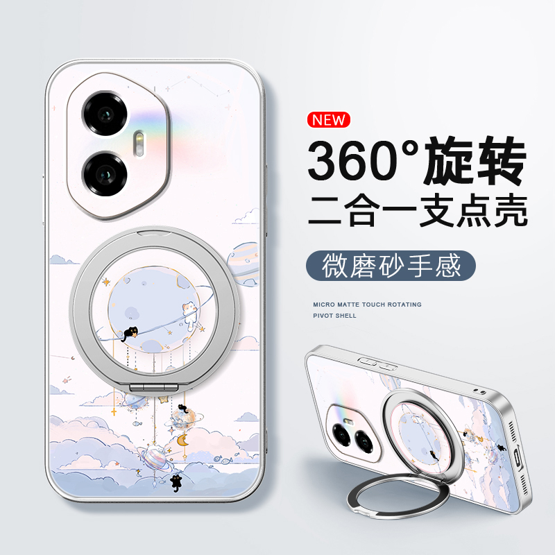 旋转猫咪适用荣耀400手机壳华为300ultra/200/100pro新款90gt磁吸支架旋转80/70/60se/power磨砂女卡通可爱