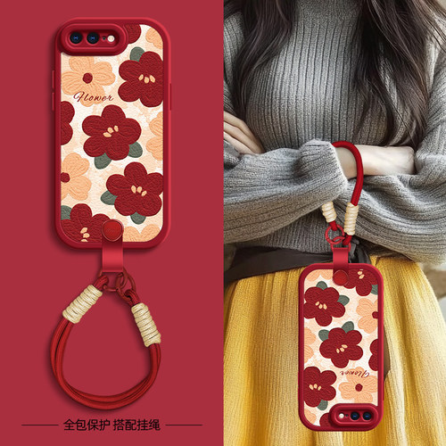 红色花瓣适用苹果11ProMax手机壳iphoneX套7/8plus新款x/xr秋冬新年挂绳iphone11pro可背6splus女款xsmax